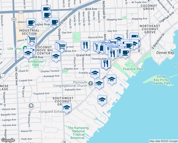 map of restaurants, bars, coffee shops, grocery stores, and more near 3415 Franklin Avenue in Miami