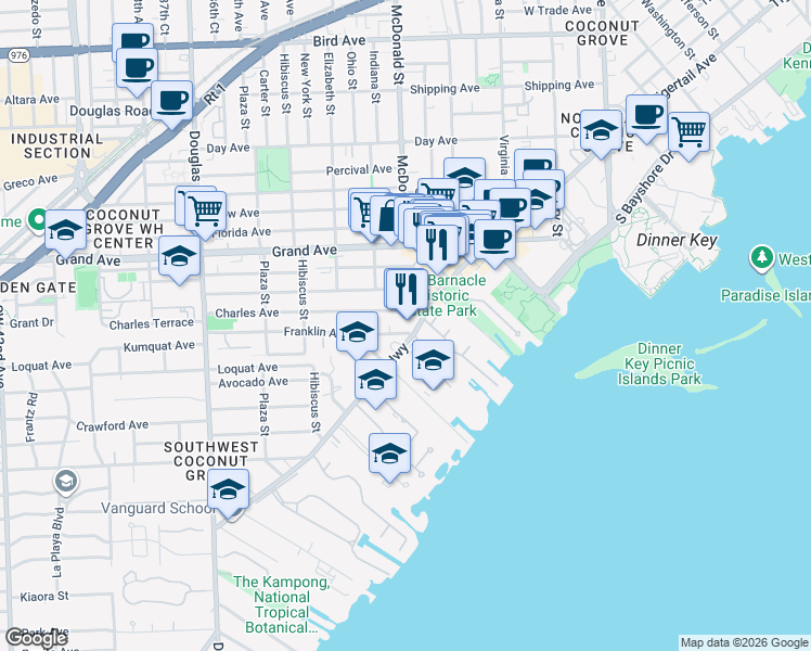 map of restaurants, bars, coffee shops, grocery stores, and more near 3540 Main Highway in Miami