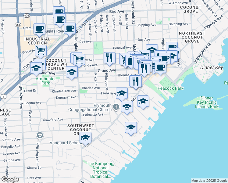 map of restaurants, bars, coffee shops, grocery stores, and more near 3415 Franklin Avenue in Miami