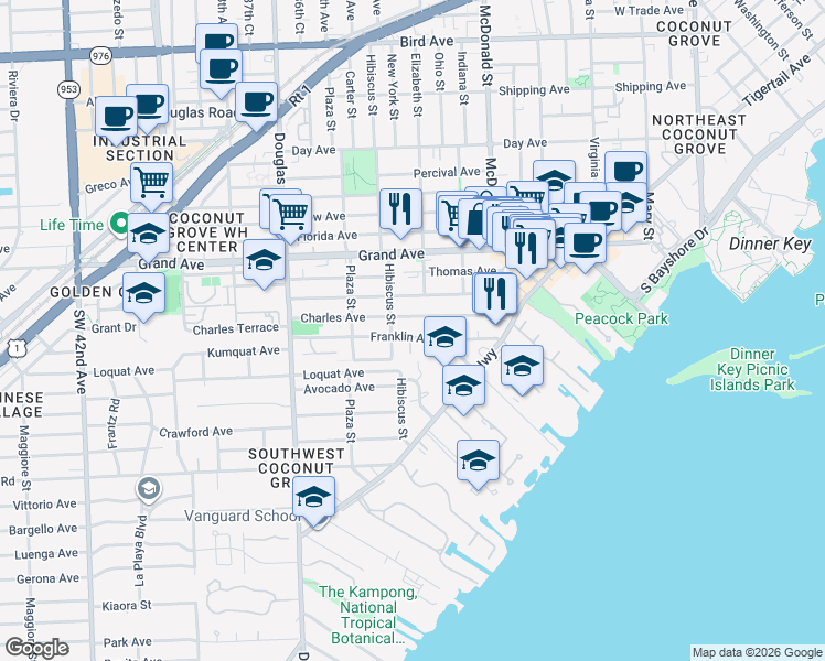 map of restaurants, bars, coffee shops, grocery stores, and more near 3425 Franklin Avenue in Miami