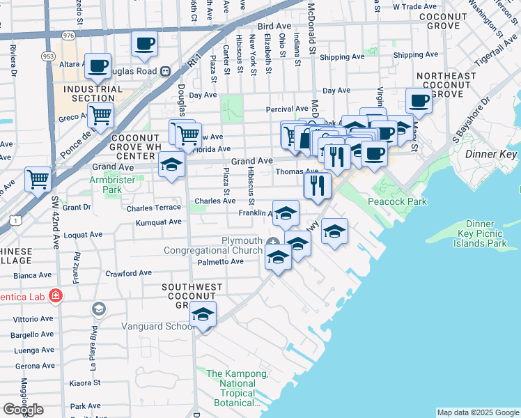 map of restaurants, bars, coffee shops, grocery stores, and more near 3415 Franklin Avenue in Miami