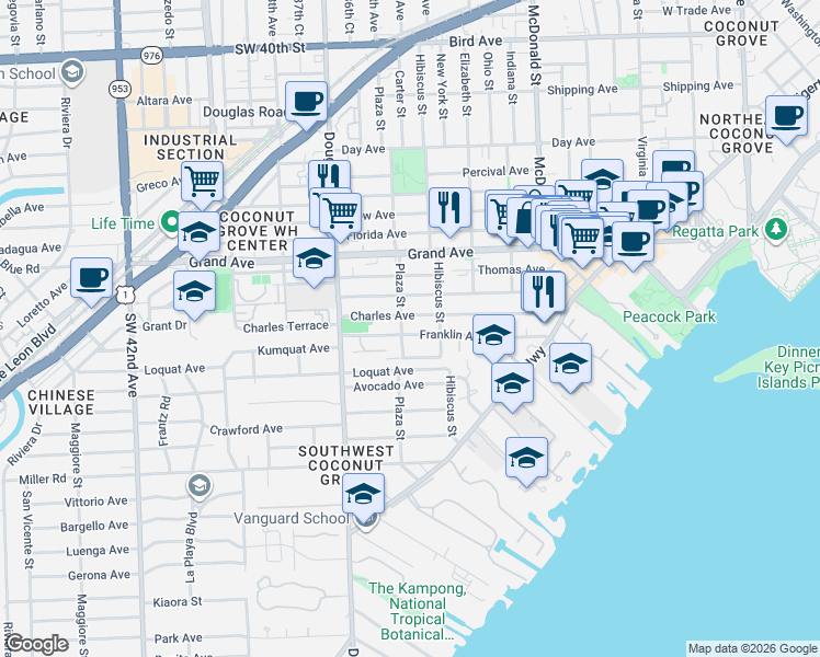 map of restaurants, bars, coffee shops, grocery stores, and more near 3529 Franklin Avenue in Miami