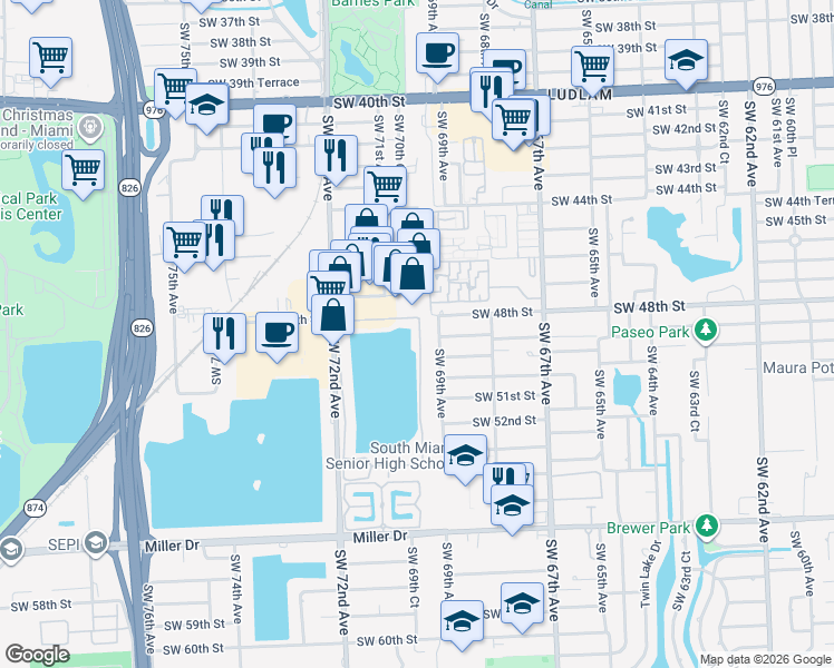 map of restaurants, bars, coffee shops, grocery stores, and more near 4830 Southwest 69th Avenue in Miami