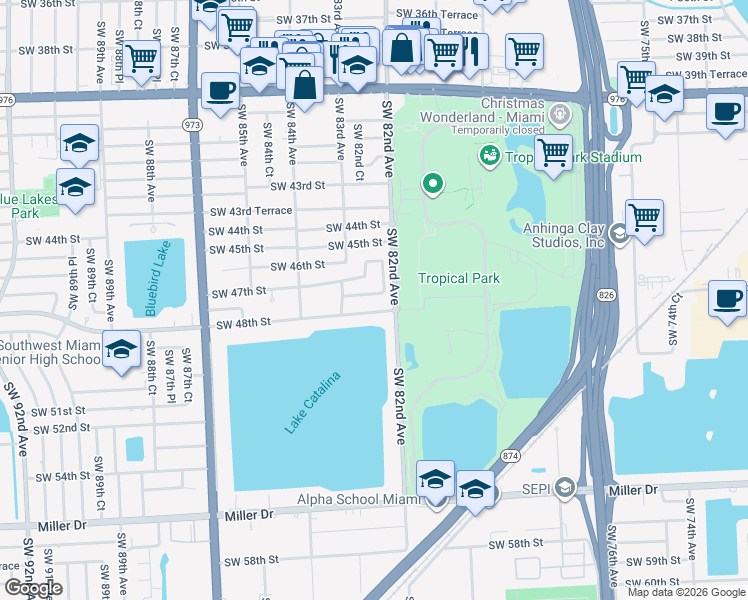 map of restaurants, bars, coffee shops, grocery stores, and more near 8240 Southwest 47th Terrace in Miami
