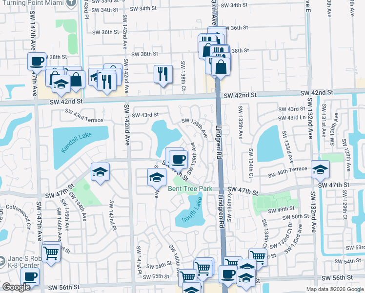 map of restaurants, bars, coffee shops, grocery stores, and more near 13994 Southwest 46th Terrace in Miami