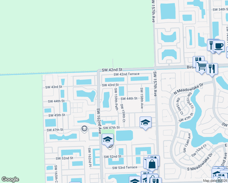 map of restaurants, bars, coffee shops, grocery stores, and more near 4360 Southwest 160th Avenue in Miami