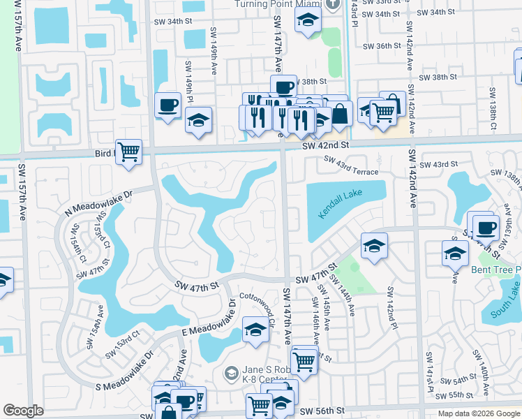 map of restaurants, bars, coffee shops, grocery stores, and more near 2302 Southwest 43rd Terrace in Miami