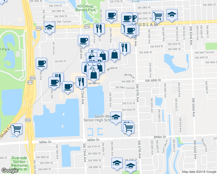 map of restaurants, bars, coffee shops, grocery stores, and more near 4830 Southwest 69th Avenue in Miami