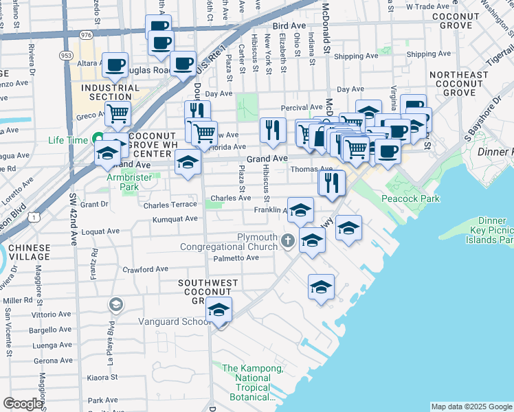 map of restaurants, bars, coffee shops, grocery stores, and more near 3529 Franklin Avenue in Miami