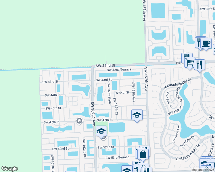 map of restaurants, bars, coffee shops, grocery stores, and more near 4360 Southwest 160th Avenue in Miami