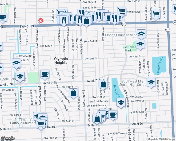 map of restaurants, bars, coffee shops, grocery stores, and more near 9601 Southwest 46th Terrace in Miami