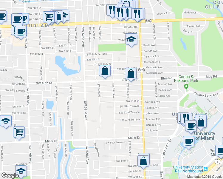 map of restaurants, bars, coffee shops, grocery stores, and more near 5901 Southwest 50th Street in Miami