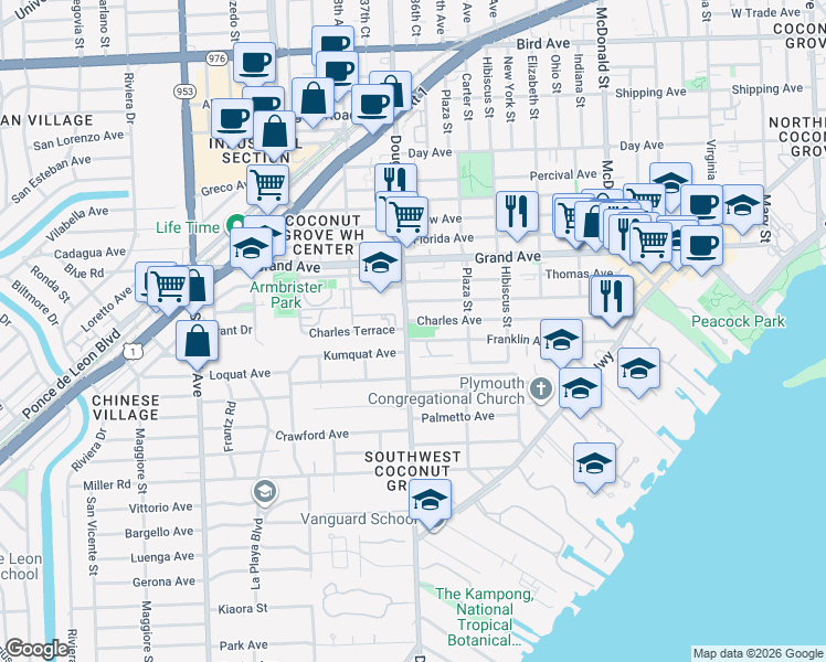 map of restaurants, bars, coffee shops, grocery stores, and more near 3680 Charles Avenue in Miami