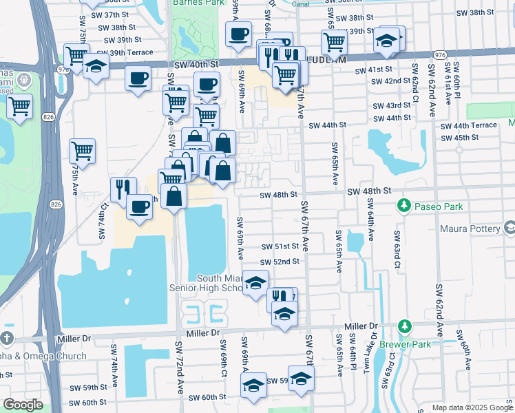 map of restaurants, bars, coffee shops, grocery stores, and more near 6850 Southwest 48th Terrace in Miami