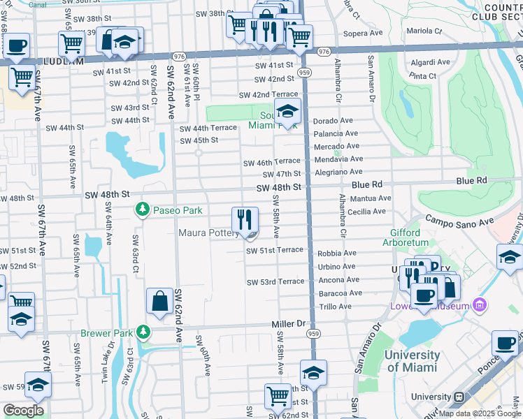 map of restaurants, bars, coffee shops, grocery stores, and more near 5821 Southwest 50th Street in Miami