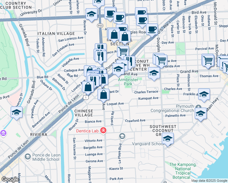 map of restaurants, bars, coffee shops, grocery stores, and more near 224 Grant Drive in Coral Gables