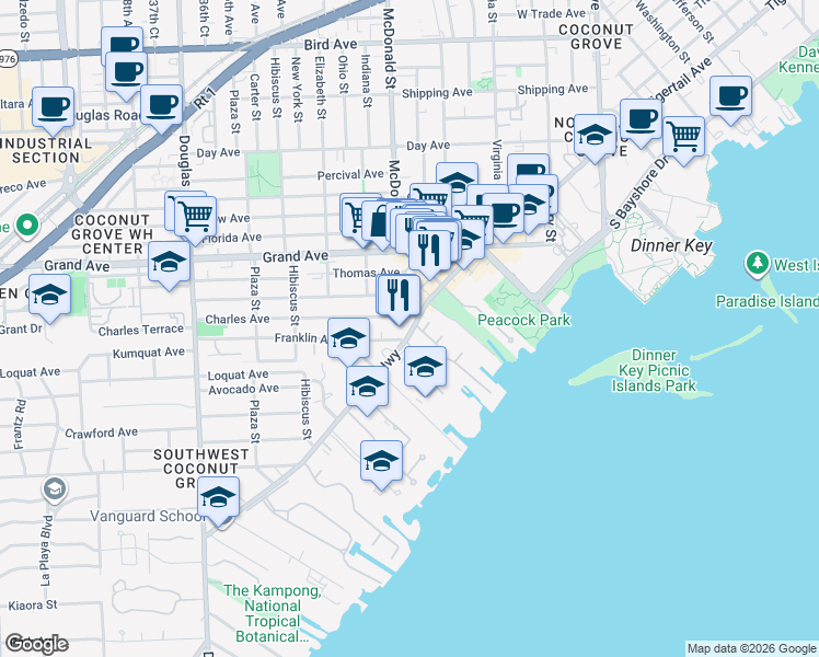map of restaurants, bars, coffee shops, grocery stores, and more near 3540 Main Highway in Miami