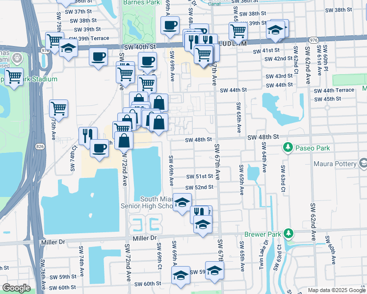 map of restaurants, bars, coffee shops, grocery stores, and more near 6851 Southwest 48th Terrace in Miami