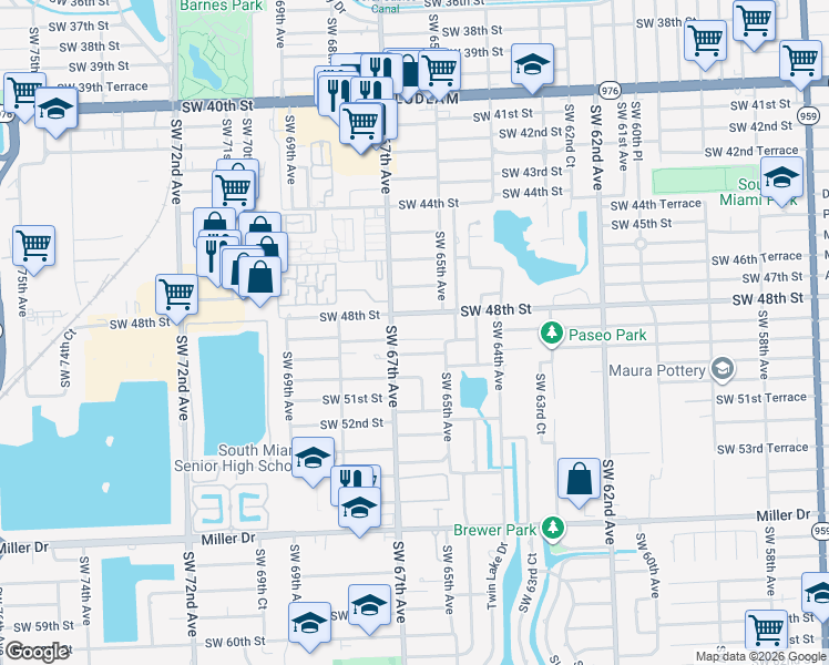 map of restaurants, bars, coffee shops, grocery stores, and more near 6601 Southwest 49th Street in Miami