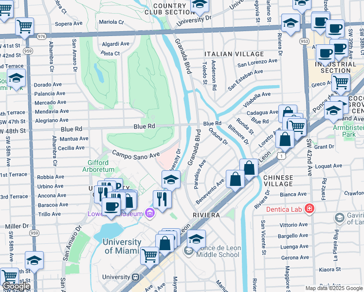 map of restaurants, bars, coffee shops, grocery stores, and more near 4991 University Drive in Coral Gables