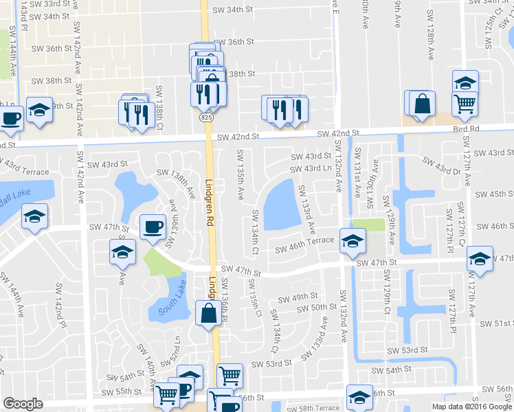 map of restaurants, bars, coffee shops, grocery stores, and more near 16536 Southwest 43rd Lane in Miami