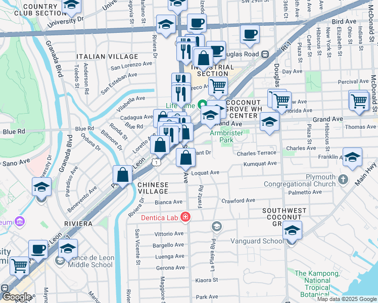 map of restaurants, bars, coffee shops, grocery stores, and more near 4950 South Le Jeune Road in Coral Gables