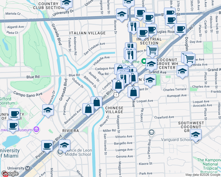 map of restaurants, bars, coffee shops, grocery stores, and more near in Coral Gables