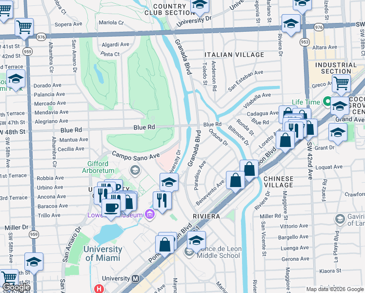 map of restaurants, bars, coffee shops, grocery stores, and more near 4991 University Drive in Coral Gables