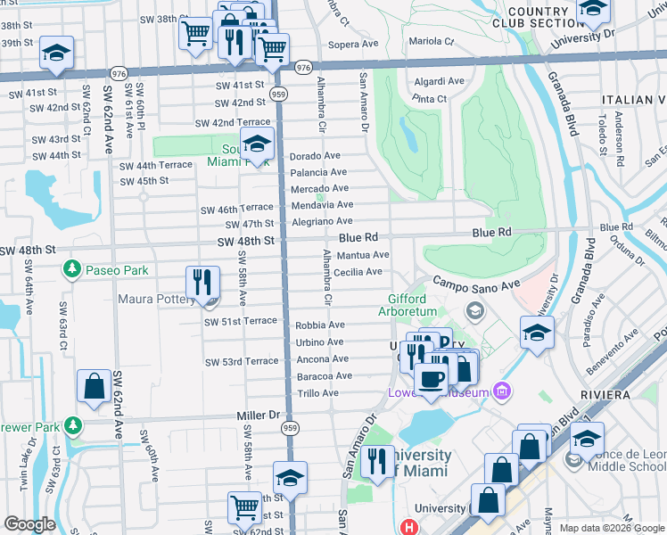 map of restaurants, bars, coffee shops, grocery stores, and more near 4900 Alhambra Circle in Coral Gables