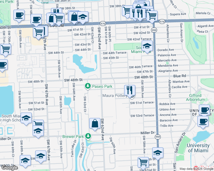 map of restaurants, bars, coffee shops, grocery stores, and more near 6101 Southwest 50th Street in Miami
