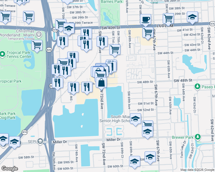 map of restaurants, bars, coffee shops, grocery stores, and more near 4863 Southwest 71st Place in Miami