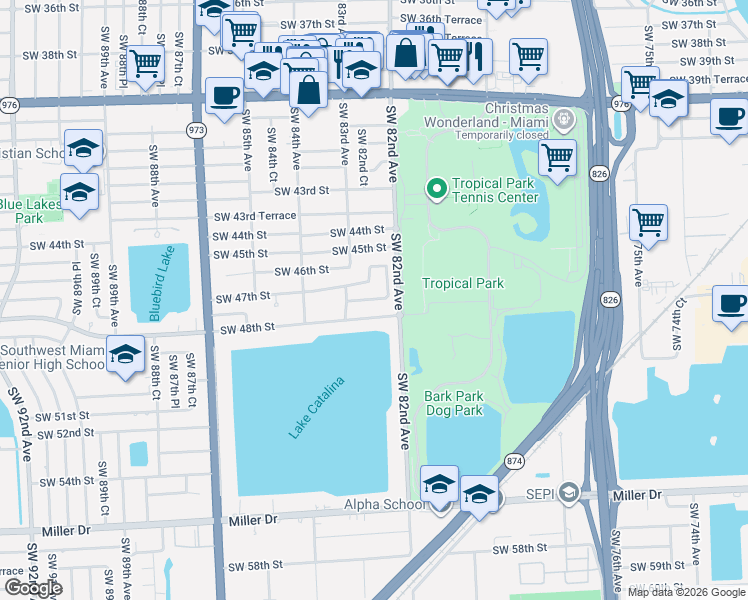 map of restaurants, bars, coffee shops, grocery stores, and more near 8240 Southwest 47th Terrace in Miami