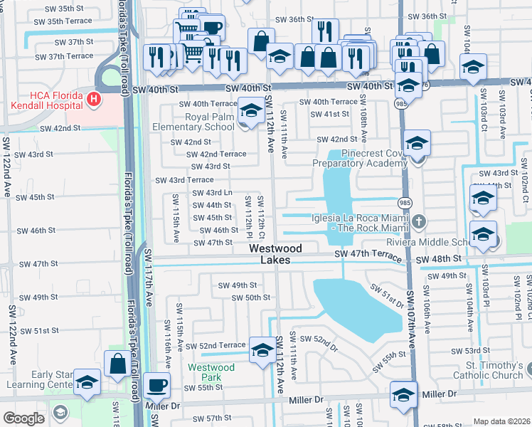map of restaurants, bars, coffee shops, grocery stores, and more near 4501 Southwest 112th Court in Miami