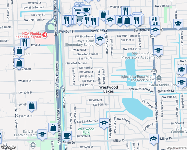 map of restaurants, bars, coffee shops, grocery stores, and more near 4501 Southwest 113th Avenue in Miami