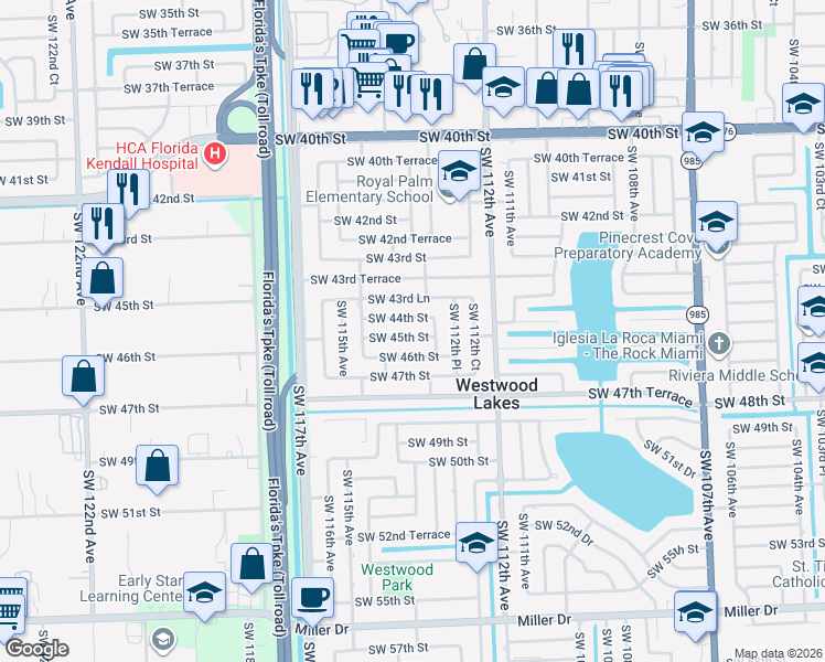 map of restaurants, bars, coffee shops, grocery stores, and more near 11340 Southwest 45th Street in Miami