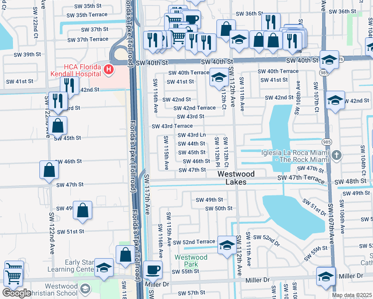 map of restaurants, bars, coffee shops, grocery stores, and more near 11340 Southwest 45th Street in Miami