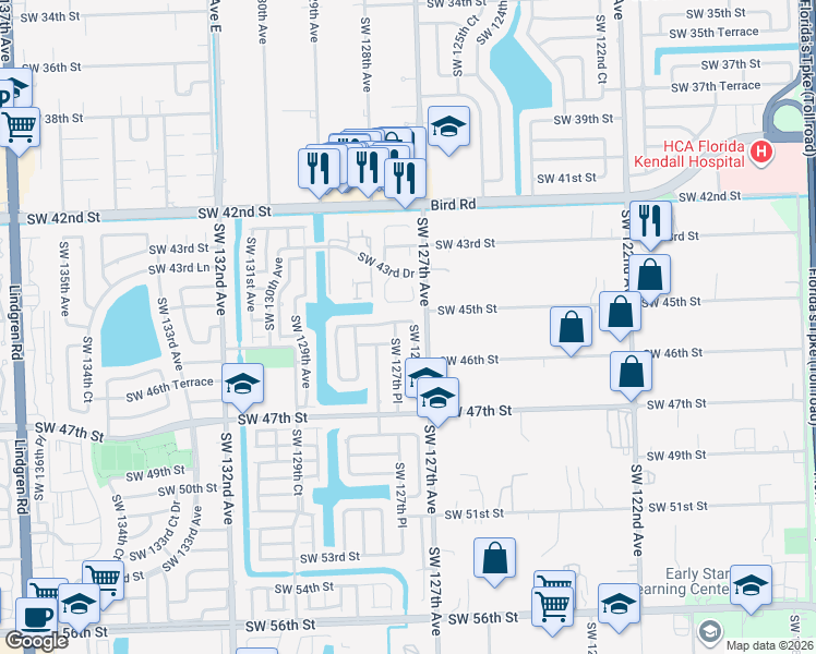 map of restaurants, bars, coffee shops, grocery stores, and more near 4552 Southwest 127th Court in Miami
