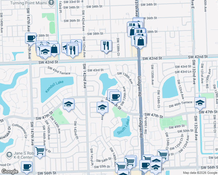 map of restaurants, bars, coffee shops, grocery stores, and more near 13994 Southwest 46th Terrace in Miami