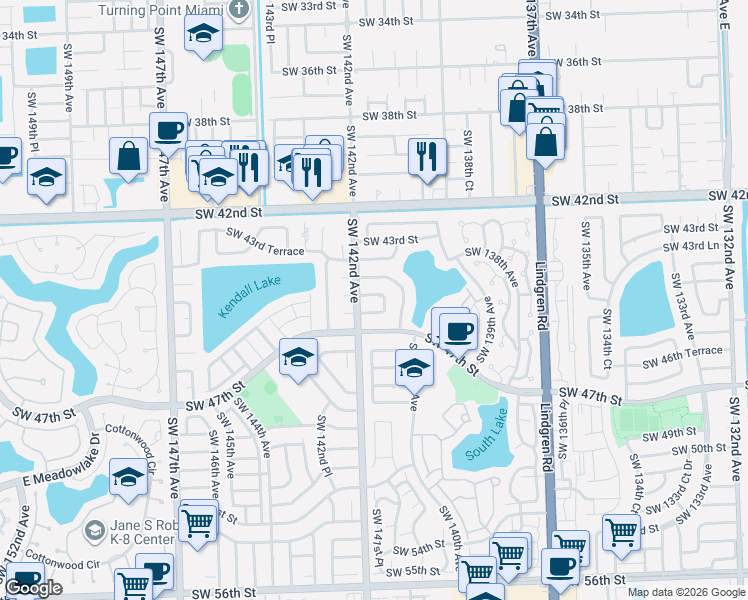 map of restaurants, bars, coffee shops, grocery stores, and more near 14085 Southwest 46th Terrace in Miami