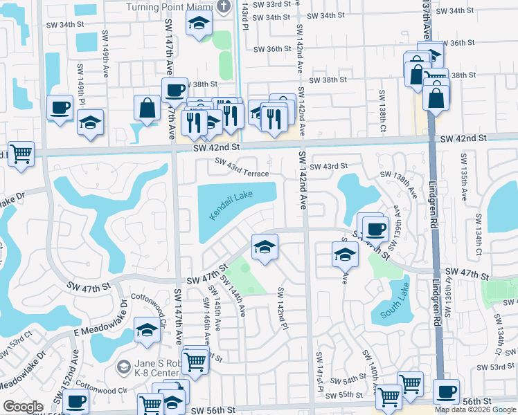 map of restaurants, bars, coffee shops, grocery stores, and more near 14333 Southwest 45th Terrace in Miami