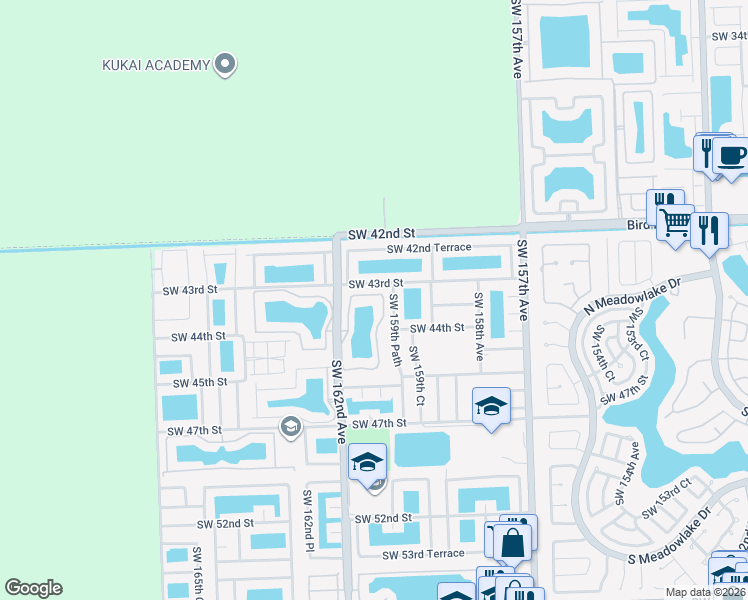 map of restaurants, bars, coffee shops, grocery stores, and more near 4360 Southwest 160th Avenue in Miami