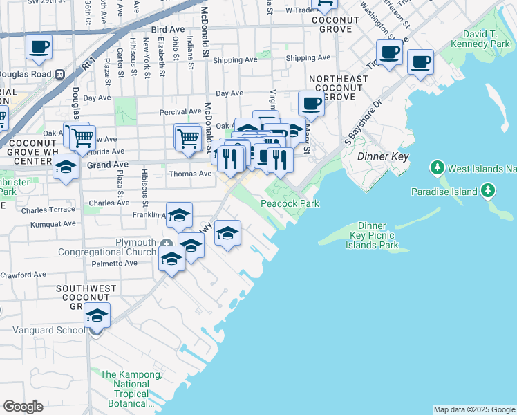 map of restaurants, bars, coffee shops, grocery stores, and more near 3485 Main Highway in Miami
