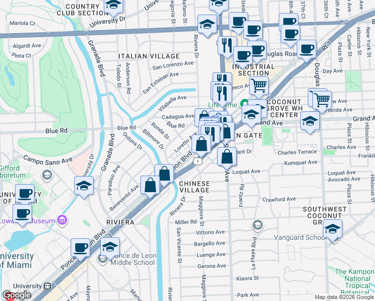 map of restaurants, bars, coffee shops, grocery stores, and more near in Coral Gables