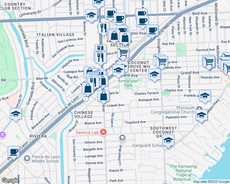map of restaurants, bars, coffee shops, grocery stores, and more near 224 Grant Drive in Coral Gables