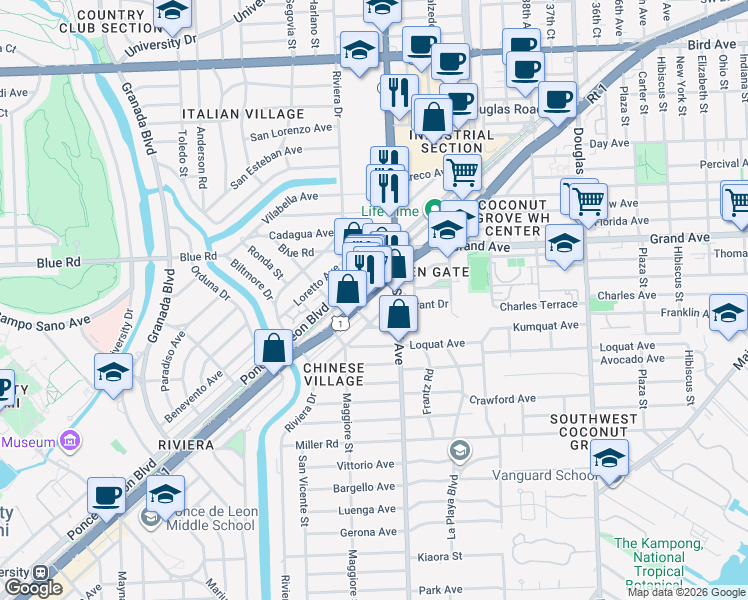 map of restaurants, bars, coffee shops, grocery stores, and more near 4950 South Le Jeune Road in Coral Gables
