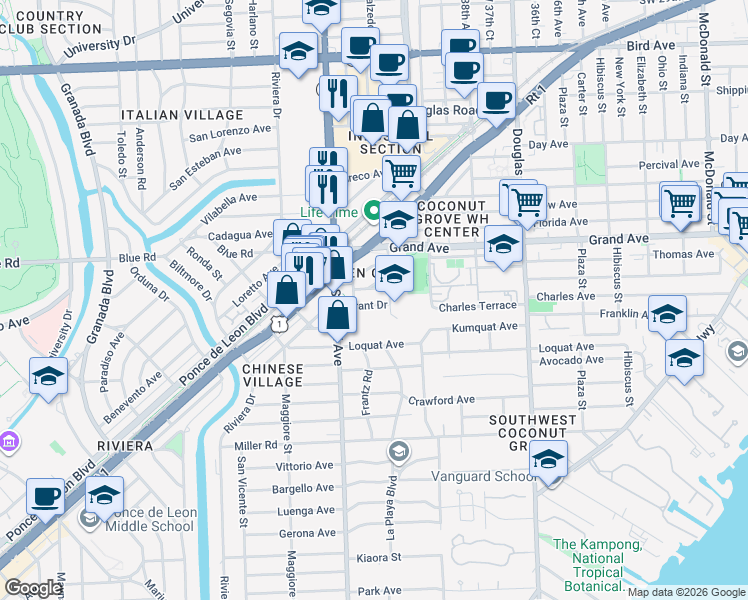 map of restaurants, bars, coffee shops, grocery stores, and more near 224 Grant Drive in Coral Gables