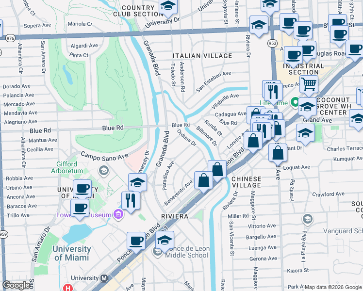 map of restaurants, bars, coffee shops, grocery stores, and more near 720 Paradiso Avenue in Coral Gables