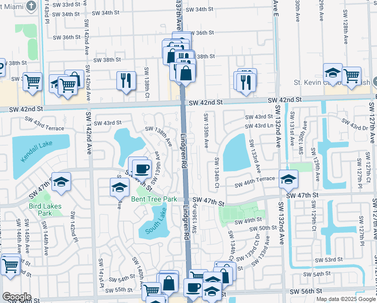map of restaurants, bars, coffee shops, grocery stores, and more near 4476 Southwest 136th Place in Miami