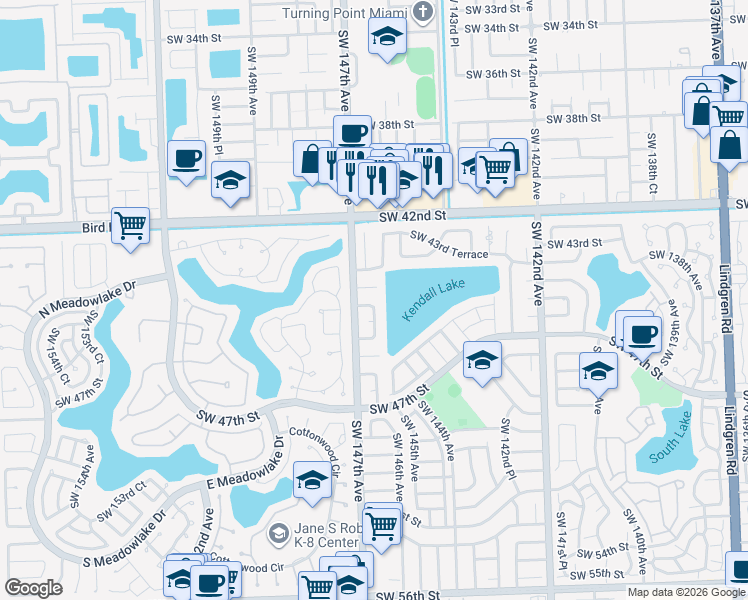 map of restaurants, bars, coffee shops, grocery stores, and more near 4511 Southwest 146th Court in Miami