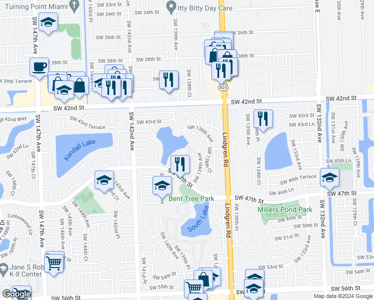 map of restaurants, bars, coffee shops, grocery stores, and more near 4586 Southwest 139th Court in Miami